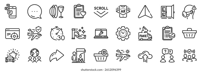 Washing hands, Communication and Laptop repair line icons pack. Share, Message, Paper plane icons. Timer, Airplane travel, Global business web icon. Vector