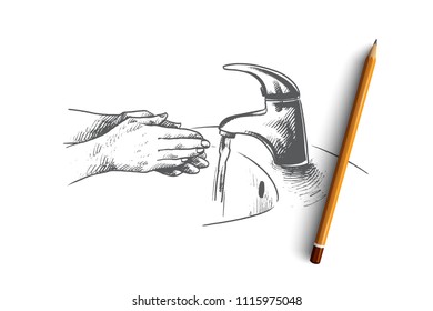 Washing Of Hands Concept. Hand Drawn Handwashing With Soap. Personal Hygiene Isolated Vector Illustration.