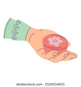 Lavar as mãos. Sabonete cosmético antibacteriano nas mãos. Ilustração em estilo plano