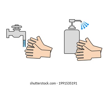 Washing hands at the faucet or faucet. Hands that use antibacterial gel to protect themselves