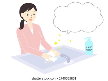 washing hands female with speach bubble