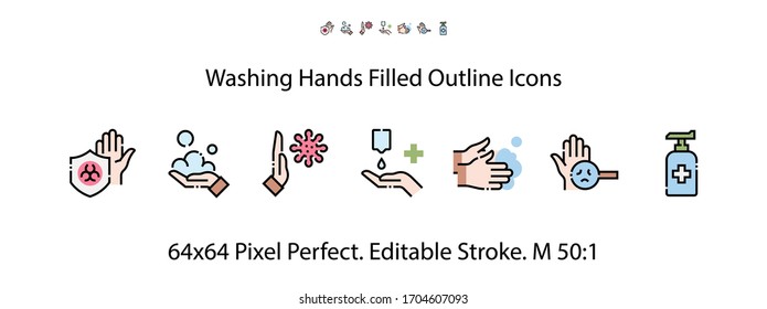 Washing Hands Filled Outline Icons. Colorful Linear Set Vector Line Icon. Washing Instruction, Antiseptic, Soap and more. 64x64 Pixel Perfect. Editable Stroke