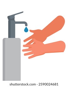 Washing hands flat design. Cartoon hands washing under a faucet with a blue droplet. Simple illustration of hygiene. Vector illustration stock illustration