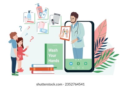 Washing hands flat design concept with male doctor character explaining to children how important to observe hygiene vector illustration