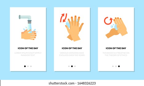 Juego de iconos plano de las manos de lavado. Agua, burbuja, sucio y aislado panel vectorial. Concepto de higiene y belleza. Elementos de símbolo de ilustración vectorial para diseño web y aplicaciones