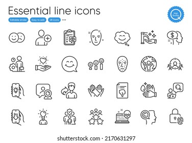 Washing hands, Health skin and Thumb down line icons. Collection of Wash hands, Add user, Hold heart icons. Writer, Face biometrics, Business targeting web elements. Outline washing hands icon. Vector