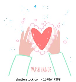 Washing hands with heart  shaped soap to prevent virus and bacteria. Cute vector illustration. Wash your hands poster. Hand washing with soap icon.