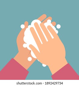 Washing hands. Human palms with foam bubbles to prevent virus and bacteria, antibacterial soap, personal everyday hygiene, protect skin body care vector simple flat style cartoon isolated illustration