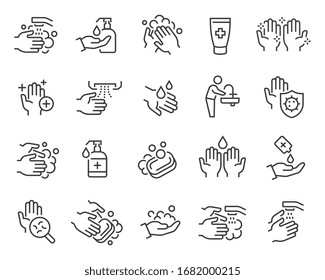 Washing Hands and Hygiene icons set. Collection of linear simple web icons such as antiseptic, hand hygiene, hydration, rinse, soap and other. Editable vector stroke.