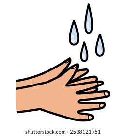 Washing hands icon in hand drawn style with drops of water. Hygiene chore routine symbol. Vector illustration