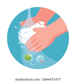 washing hands icon with soap and microbes  cartoon vector illustration 