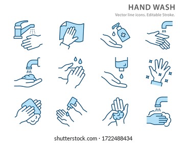 Washing hands icons, such as clean, wipe, palm, virus and more. Vector illustration isolated on white. Editable stroke.