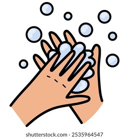 Washing hands Illustration icon in doodle style. Hygiene chore routine symbol with bubbles and water. Vector illustration