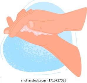 Instrucción de lavado de manos, ilustración vectorial. Forma correcta de evitar los virus y los gérmenes. Use agua limpia y jabón, espuma para desinfectar manos, cuerpo, sanidad sanitaria. Procedimiento de desinfección por fases.