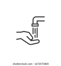 Washing hands line icon. linear style sign for mobile concept and web design. Hand and water faucet outline vector icon. Hygiene symbol, logo illustration. Vector graphics