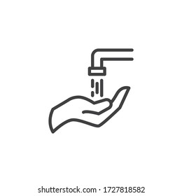 Händchenspalte. Linearzeichen für mobiles Konzept und Webdesign. Hand und Wasser-Wasserhahn Umrandungssymbol Präventivsymbol für Coronavirus, Logo-Abbildung. Vektorgrafik