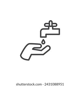 Waschen der Hände Linie Symbol. Lineares Stil-Zeichen für mobiles Konzept und Web-Design. Hand- und Wasserhahn Umriss Vektor-Symbol. Islamisches Wudu-Symbol, Logo-Illustration. Vektorgrafik