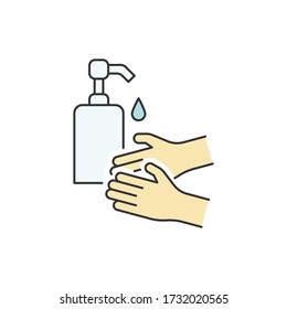 Washing hands with liquid soap color line icon