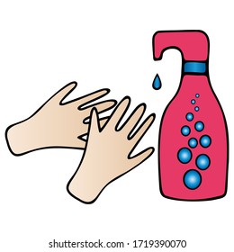Lavado de manos con jabón líquido. Ilustración vectorial de color - recomendación. Desinfección manual, protección contra la infección por el coronavirus Covid-19, gérmenes y bacterias. Contorno en un fondo aislado. 