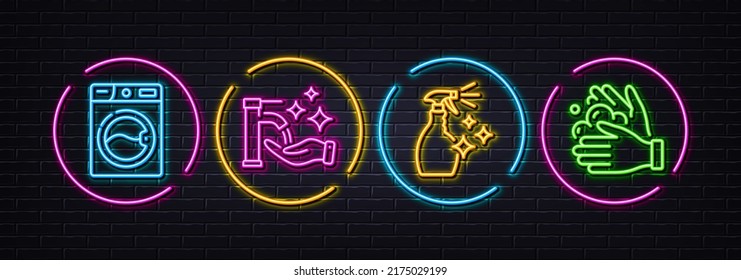 Washing hands, Washing machine and Wash hands minimal line icons. Neon laser 3d lights. For web, application, printing. Hygiene care, Laundry, Housekeeping spray. Neon lights buttons. Vector