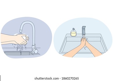 Washing hands, personal hygiene and protection from virus concept. People washing hands properly with soap for protective care in home or public places sinks vector illustration 