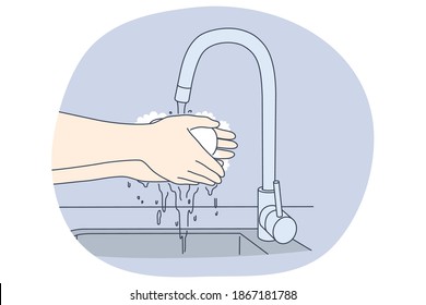 Washing hands, personal hygiene and protection from virus concept. Person washing hands properly with soap and hot water for protective care at home or in public place. Disinfection, protective care