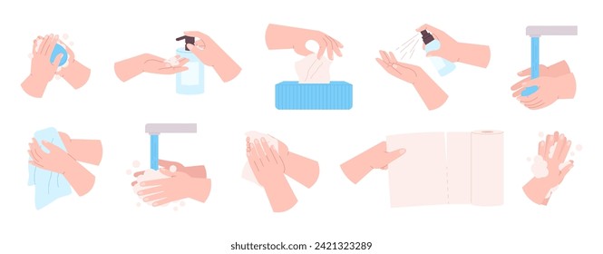 Washing hands. Personal hygiene, using tissue, soap and disinfectant spray. Cleaning hand with dry and wet wipes, self care and clean, racy vector set