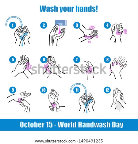 Washing hands properly infographic set cartoon style vector illustration isolated on a white background.