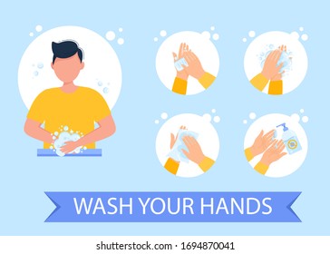 Washing hands properly infographic,vector illustration. Man Character Washing Hands