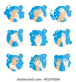 Washing hands properly - medical instructions for health. Washing hands Clean hygiene procedure with soap. Washing hands Set of fat icons.Washing hands Isolated vector illustrations