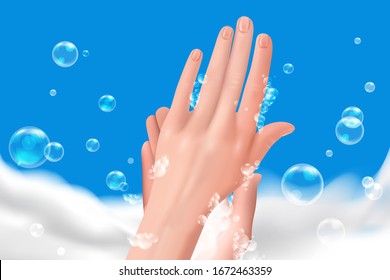 Washing hands, Realistic Illustrations. Hand hygiene prevention without E.coli, S.pyogenes, H1N1virus, COVID-19, C.xerosis, S.aureus. Health care concept. New corona virus 2019-nCoV from Wuhan China. 