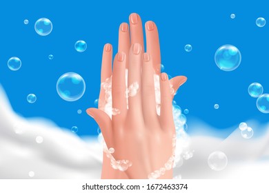 Washing hands, Realistic Illustrations. Hand hygiene prevention without E.coli, H1N1virus, COVID-19 S.aureus. Health care concept. New Flu corona virus 2019-nCoV from Wuhan China. Still be healthy . 