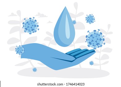 Washing hands to sanitize  COVID-19, disinfect Coronavirus, COVID-19 virus pathogen on hands. Vector illustration for web banner, infographics, mobile. 