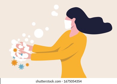 Washing hands to sanitize and disinfect COVID-19 Coronavirus pathogens from your hands concept, woman washing hands with alcohol gel or soap with bubbles and COVID-19 virus pathogen on her hands.