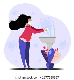 Washing hands to sanitize and disinfect COVID-19 Coronavirus pathogens from your hands concept, woman washing hands with alcohol gel or soap with bubbles and COVID-19 virus pathogen on her hands.