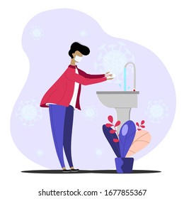 Washing hands to sanitize and disinfect COVID-19 Coronavirus pathogens from your hands concept, man washing hands with soap with bubbles. COVID-19 virus pathogen in the air around him