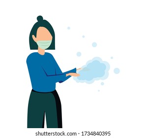 Washing hands to sanitize and disinfect COVID-19 Coronavirus pathogens from your hands concept, woman washing hands with alcohol gel or soap with bubbles and COVID-19 virus pathogen on her hands.