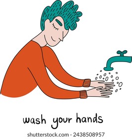 Washing hands to sanitize and disinfect COVID-19. Man washing hands with soap with bubbles. Virus prevention concept. COVID-19 hygiene promotion with washing your hands