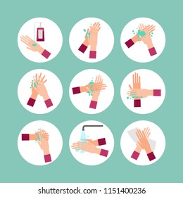 Washing hands scheme steps vector illustration icon collection set. Round images with soap, water, finger cleaning and sweeping with paper towel. Bacteria and infection prevention and personal hygiene