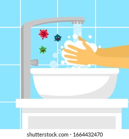 Washing hands in the sink concept vector illustration. A man or woman wash hands under faucet with soap and water. Virus and bacteria protection healthcare in flat design.