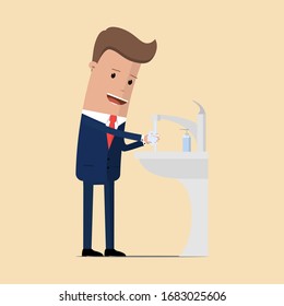 Washing hands in the sink. A man in suit washes hands under faucet with soap, hand gel and water. Virus prevention. Vector illustration