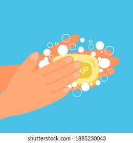 Washing hands with soap bar in flat design. Cleaning hands from germs, bacteria and virus. Wash your hand campaign.