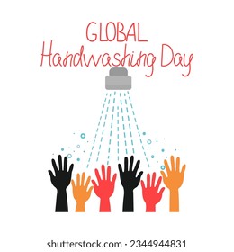  Lavarse las manos con jabón. Texto de caligrafía. Escrito a mano. Día mundial del lavado de manos. Manos humanas, agua del grifo, chorro de agua y burbujas de jabón. Ilustración vectorial.