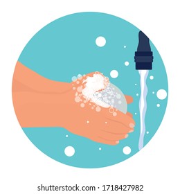 Lavarse las manos con ilustración vectorial de jabón en círculo azul aislado en fondo blanco. Prevenir virus y bacterias. Diseño de estilo plano.