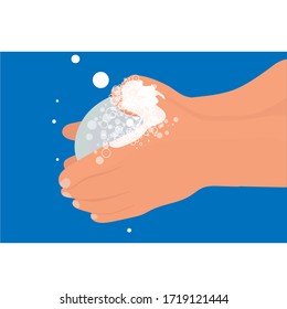 Washing hands with soap cartoon vector stock illustration isolated on blue background. To prevent virus and bacteria. Design in flat style.