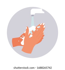 Washing hands with soap, coronavirus infection preventive measures. Isolated icon of female palms rinsed by water. Hygiene and self care, cleaning body to get rid of viruses and bacteria vector