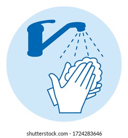 Washing hands with soap. Covid-19 prevention gesture. Blue vector illustration.