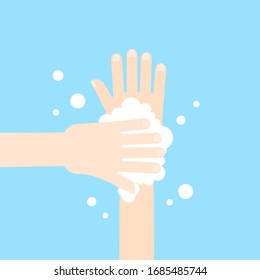 Washing hands with soap in flat style isolated on blue background. Vector illustration.