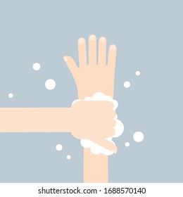 Washing hands with soap in flat style on gray background. Vector illustration.