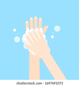 Lavarse las manos con jabón de estilo plano aislado sobre fondo azul. Ilustración vectorial.